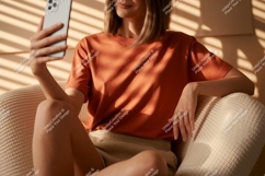 Woman holding phone taking selfie orange shirt Product Image 1