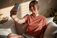 Woman taking selfie on couch phone indoor Product Image 1