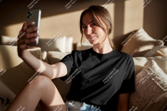 Woman black t shirt mockup holding phone image Product Image 1