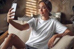 Woman taking selfie wearing white t shirt phone t-shirt Product Image 1