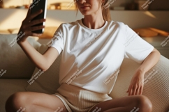 Woman holding phone taking selfie t-shirt shorts Product Image 1