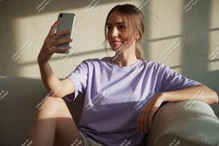 Young woman taking selfie on sofa phone Product Image 1
