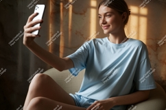 Woman taking selfie with phone blue shirt Product Image 1