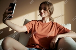Woman taking selfie on sofa phone casual Product Image 1