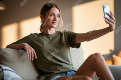 Woman taking selfie on sofa phone casual Product Image 1