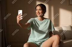 Woman taking selfie in light green pajamas phone Product Image 1