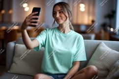 Woman taking selfie on sofa phone casual Product Image 1
