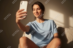 Woman taking selfie with phone blue t-shirt Product Image 1
