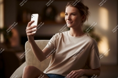 Woman taking selfie with phone indoor casual Product Image 1