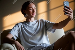 Woman taking selfie on couch phone indoor Product Image 1