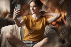 Woman taking selfie indoors phone casual Product Image 1