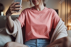 Woman taking selfie wearing pink t shirt phone Product Image 1