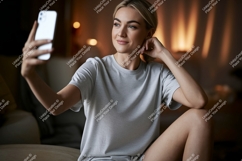 Blonde woman taking selfie indoors phone Product Image 1