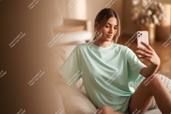 Woman taking selfie in mint t shirt phone Product Image 1