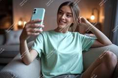 Woman holding phone taking selfie mint Product Image 1