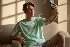 Young man taking selfie on couch phone Product Image 1