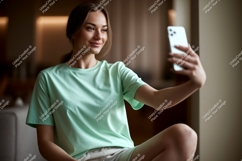 Young woman takes selfie indoors phone casual Product Image 1