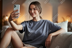 Woman taking selfie on sofa phone casual Product Image 1