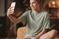 Woman taking selfie with phone casual Product Image 1