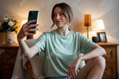 Woman taking selfie with phone indoor Product Image 1