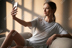 Woman taking selfie on couch phone indoor Product Image 1