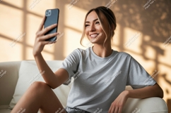 Woman taking selfie on couch phone casual Product Image 1