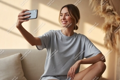 Woman taking selfie on sofa phone casual Product Image 1