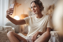 Woman taking selfie with phone holding looking Product Image 1