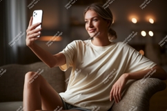 Woman taking selfie on couch phone indoor Product Image 1