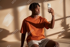 Man taking selfie with phone orange Product Image 1