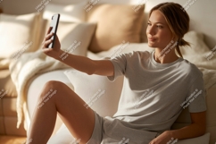 Woman taking selfie on couch phone home Product Image 1