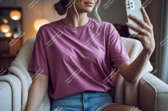 Woman wearing pink t shirt and denim shorts image Product Image 1