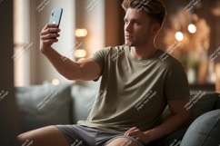 Man taking selfie on couch phone casual Product Image 1