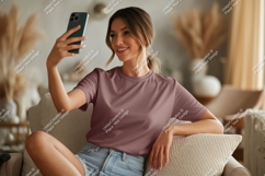 Woman taking selfie wearing t shirt phone Product Image 1