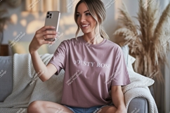 Woman taking selfie wearing dusty rose t shirt phone Product Image 1