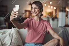Woman taking selfie with phone on couch home Product Image 1