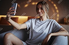 Woman taking selfie with phone grey Product Image 1