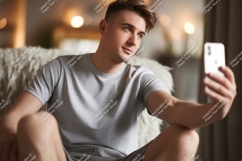 Young man taking selfie on phone grey Product Image 1