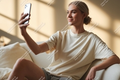 Woman taking selfie on couch phone home Product Image 1