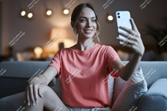 Woman taking selfie on sofa phone indoor Product Image 1