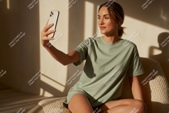 Woman taking selfie with phone casual home Product Image 1