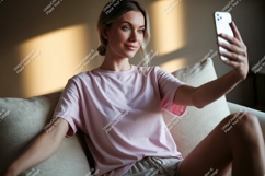 Woman taking selfie on sofa phone casual Product Image 1