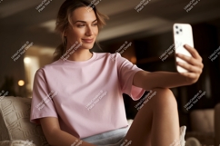 Woman taking selfie with phone pink shirt Product Image 1