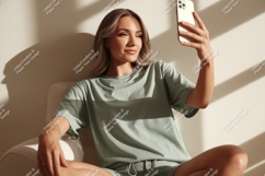 Woman taking selfie in casual outfit phone clothing Product Image 1