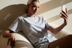 Woman taking selfie on couch phone casual Product Image 1