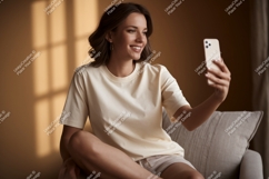 Woman taking selfie with phone casual Product Image 1