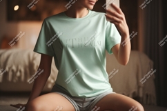 Woman wearing mint t shirt and grey shorts image Product Image 1