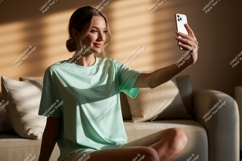 Woman taking selfie on couch phone home Product Image 1