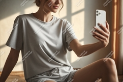 Woman grey t shirt shorts phone mockup image Product Image 1