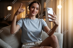 Woman holding phone taking selfie indoor casual Product Image 1